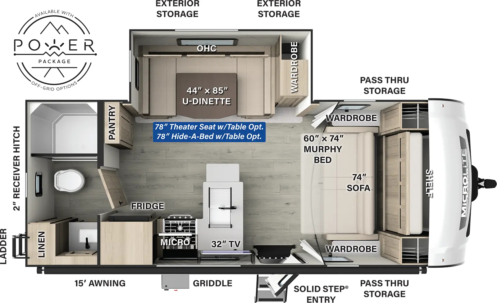 The Flagstaff Micro Lite 22SQS has one entry and one slide out. Exterior features include: fiberglass exterior and 15' awning. Interiors features include: u-dinette, murphy bed and rear bathroom.